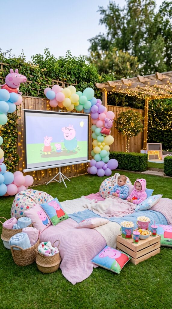 Peppa Pig backyard movie night with cozy outdoor birthday setup
