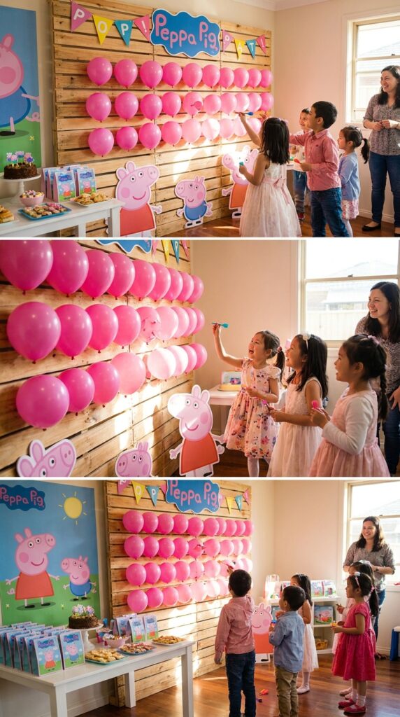 Pink Peppa Pig themed balloon pop game setup for kids birthday party entertainment.