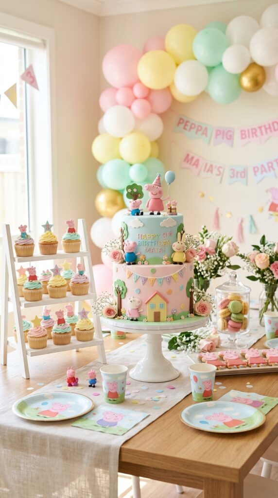 Peppa Pig birthday cake display with pastel party decorations