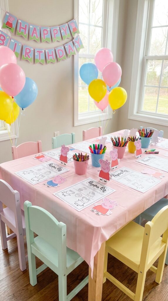 Peppa Pig themed kids craft station with coloring pages and party supplies