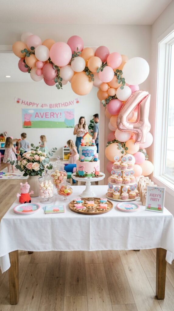 Pastel Peppa Pig dessert table with pink balloons and themed birthday treats