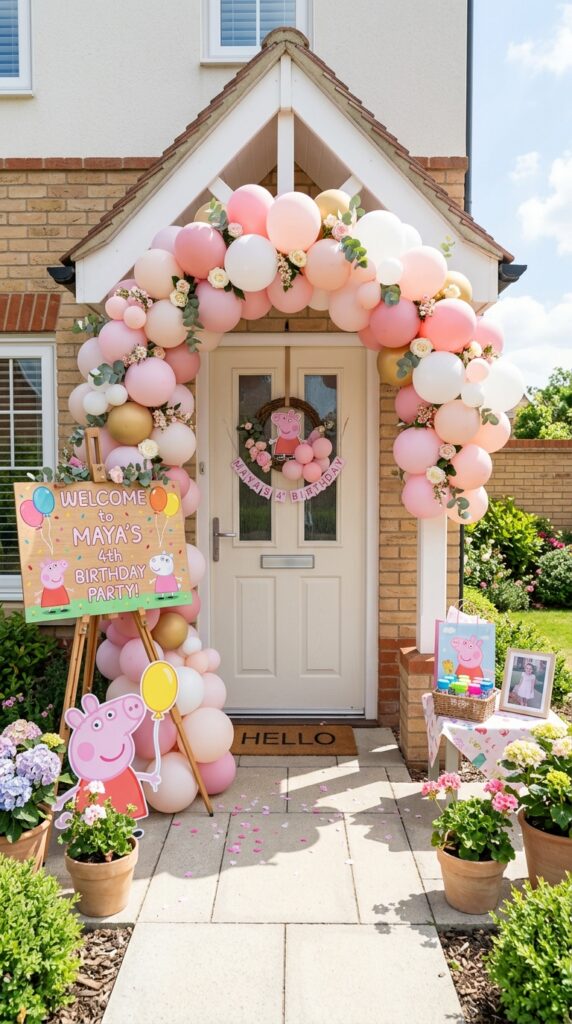 Peppa Pig birthday party entrance with pink balloon arch decorations