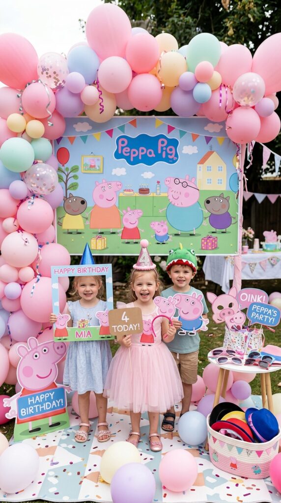 Peppa Pig themed birthday photo booth with balloons and fun kids props.