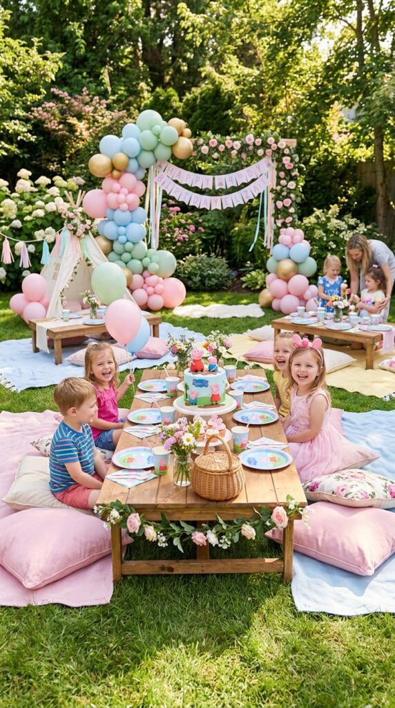 Outdoor Peppa Pig garden picnic birthday party with pastel picnic decorations