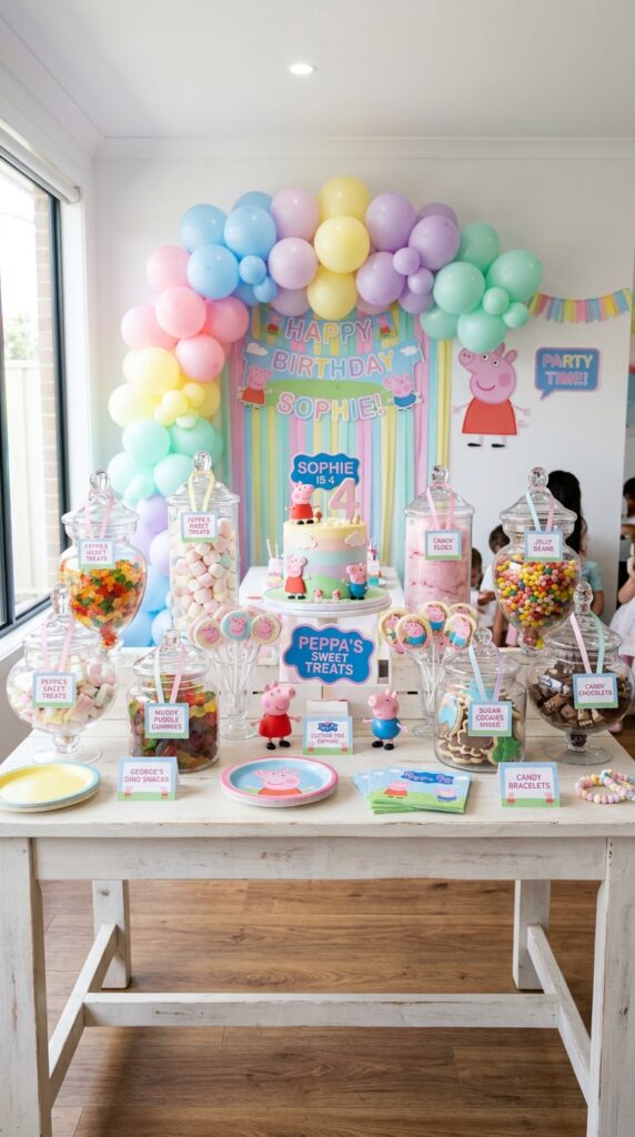 Peppa Pig candy buffet with pink sweets and themed decorations