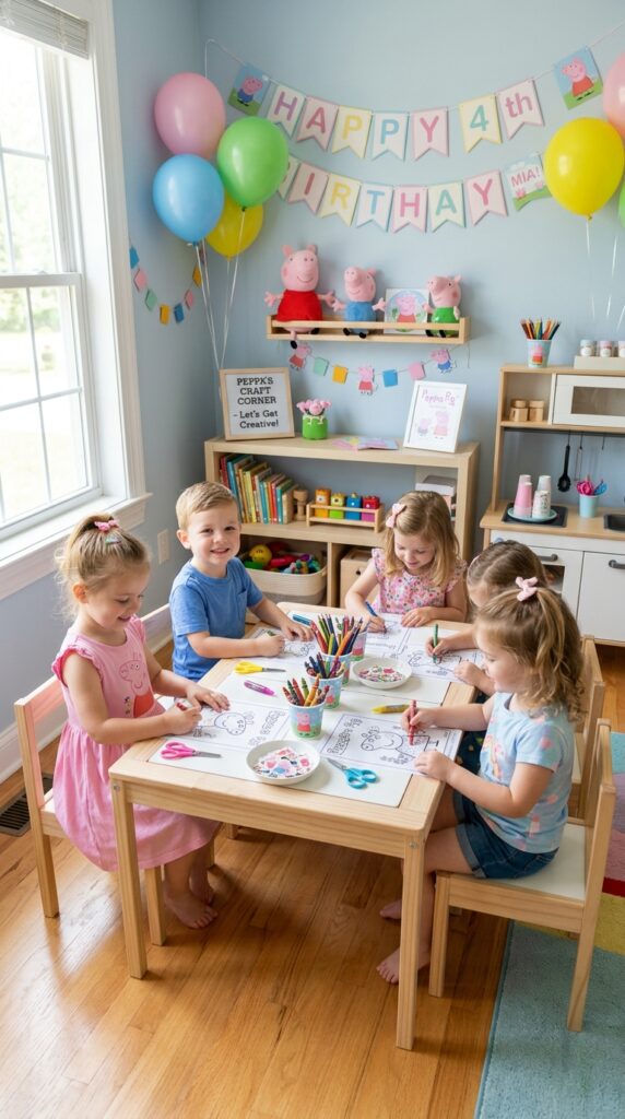 Peppa Pig birthday craft station with coloring and kids activities