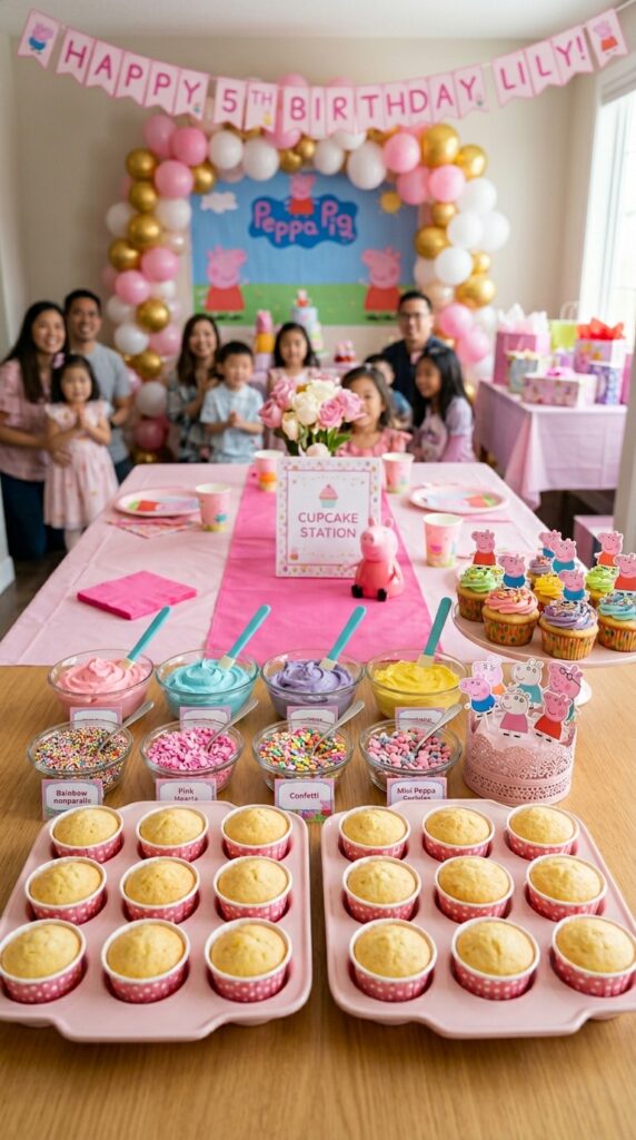 Peppa Pig cupcake decorating station with colorful toppings and party desserts.