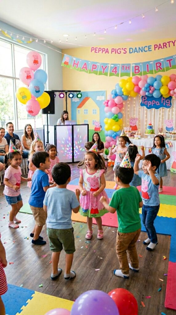 Peppa Pig dance party corner with balloons and kids dancing at birthday celebration.
