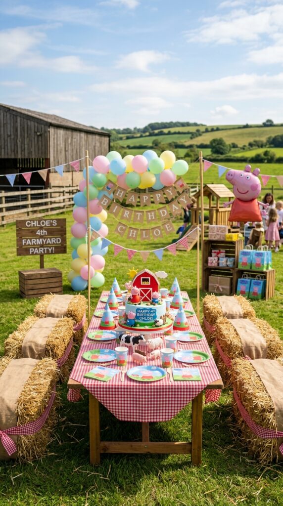 Farmyard style Peppa Pig birthday party with rustic countryside decorations