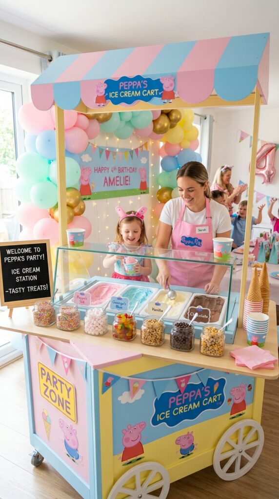 Peppa Pig themed ice cream station with pastel birthday decorations