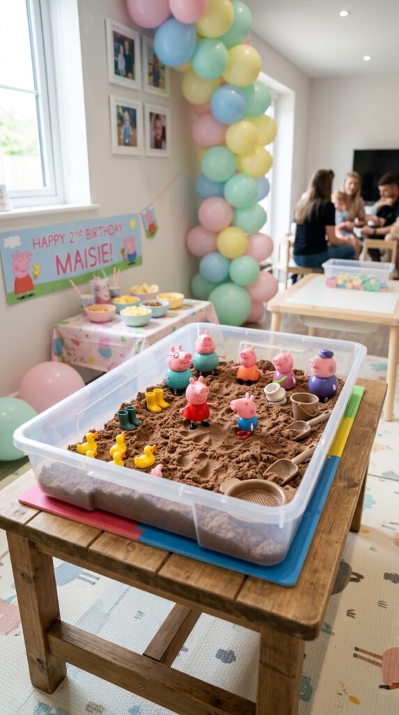 Toddler muddy puddle sensory play station at a Peppa Pig themed birthday party.