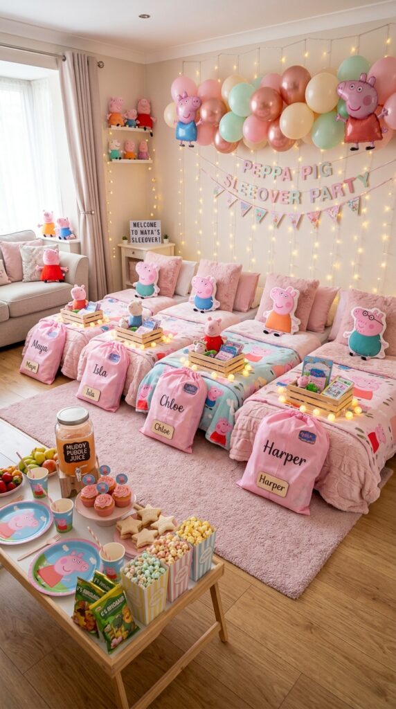 Cozy Peppa Pig pajama birthday party with soft pink sleepover decorations