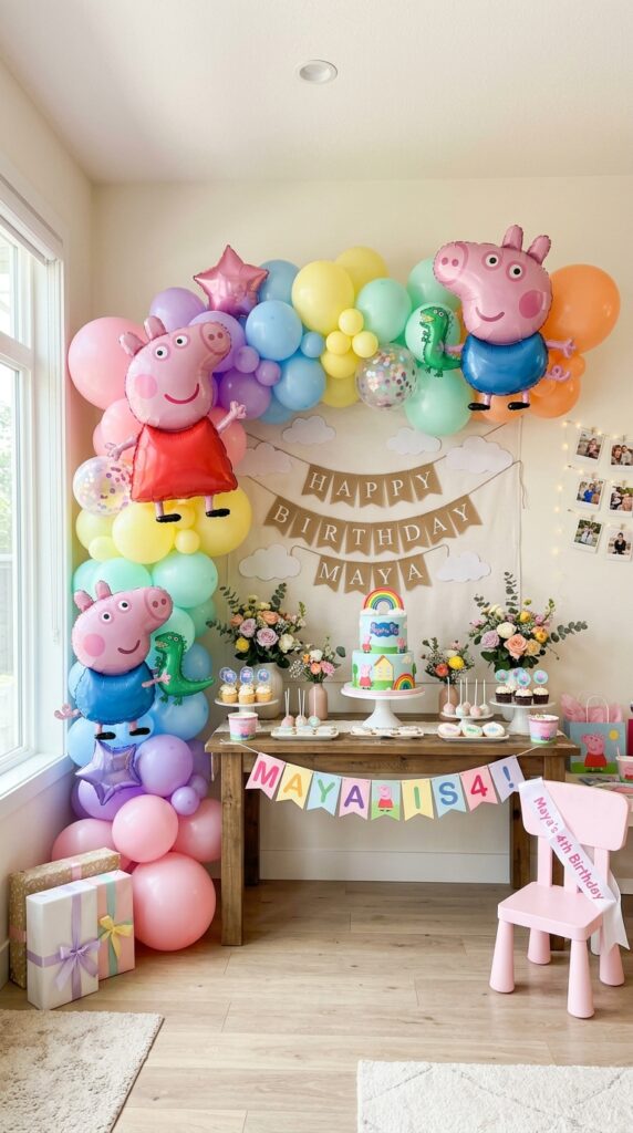 Peppa Pig rainbow balloon corner with colorful birthday decorations
