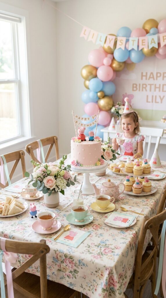 Peppa Pig themed tea party with pastel decorations and mini desserts