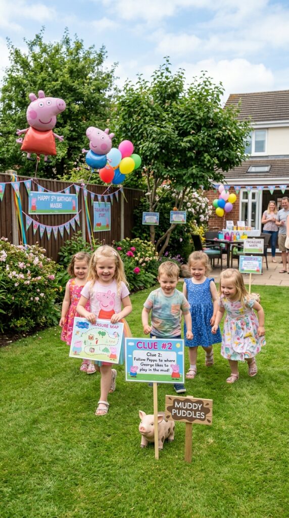 Peppa Pig themed treasure hunt activity setup with hidden party surprises for kids.