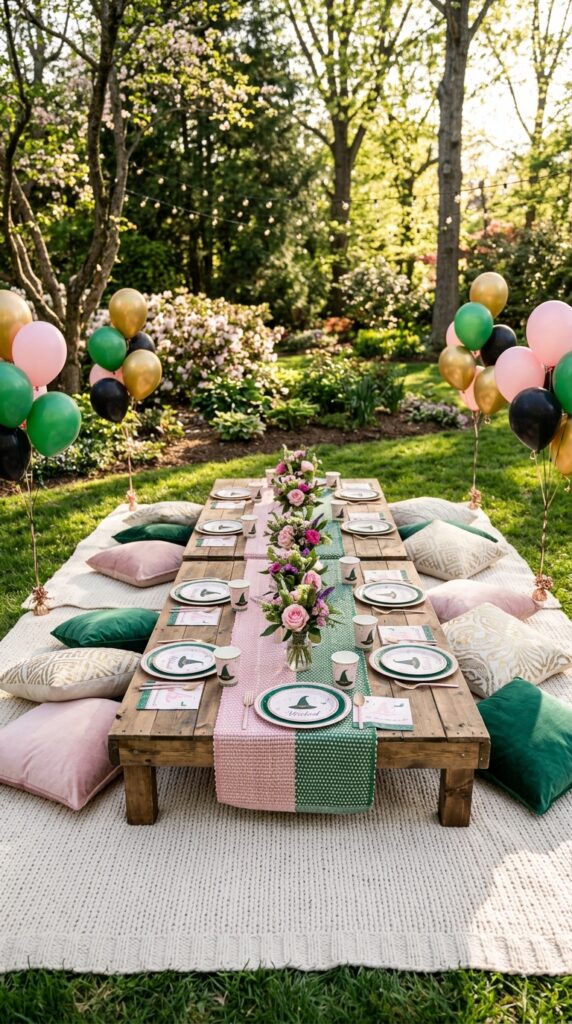 Elegant Wicked-themed picnic birthday setup with colorful decorations.