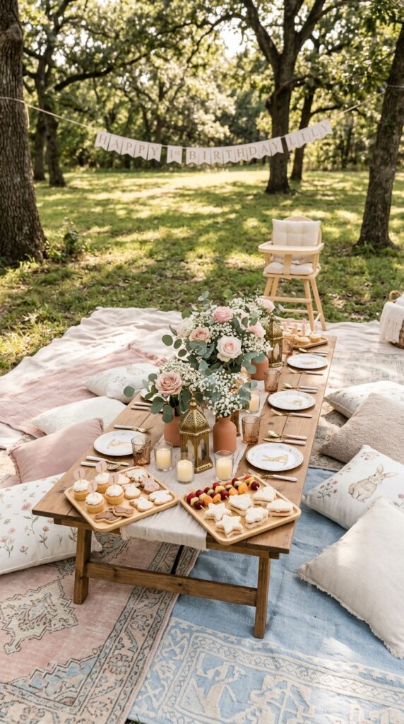 Wicked-inspired picnic setup for a whimsical first birthday party.