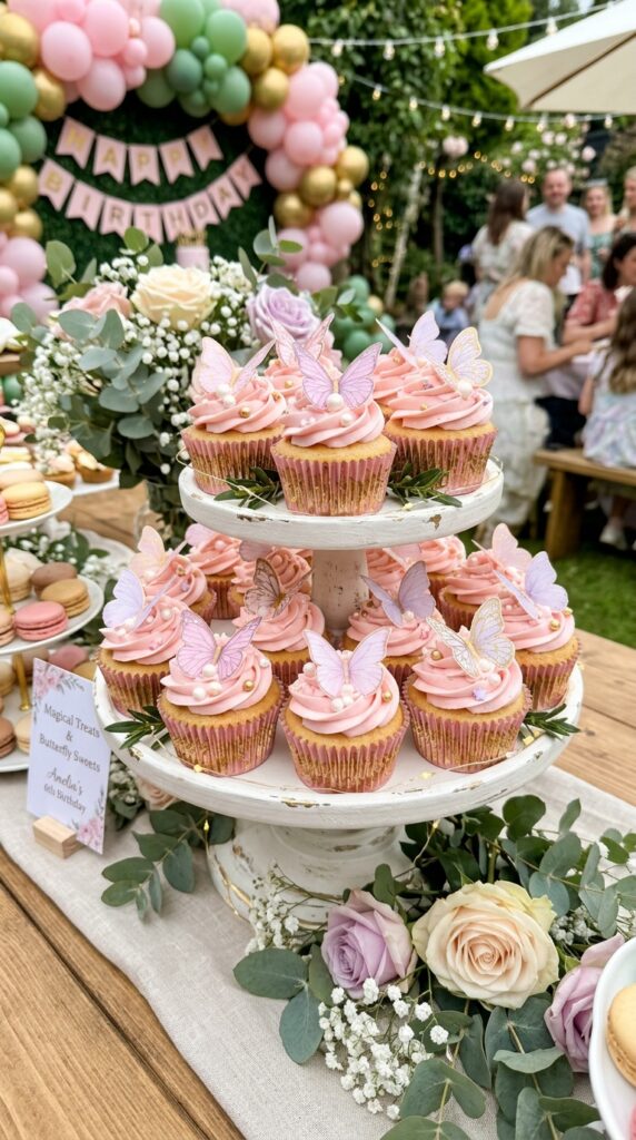 Pink butterfly cupcakes for magical Wicked birthday party desserts.