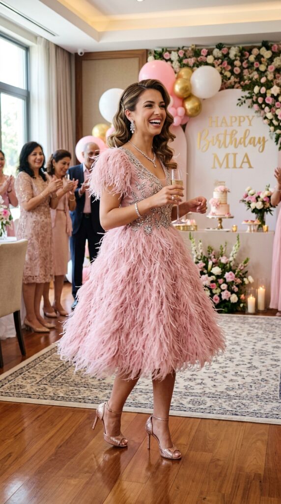 Pink feather birthday party dress inspired by Glinda fashion style.