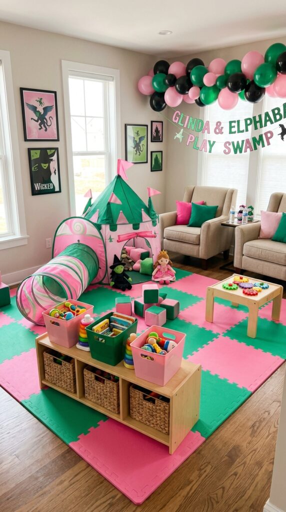 Pink and emerald toddler play zone at a Wicked birthday party.