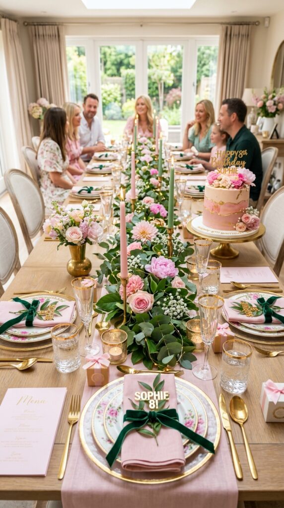 Pink glam Wicked-inspired birthday dining table setup for kids party celebration.