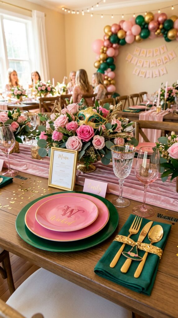 Pink glam place settings for a Wicked-inspired birthday party table.