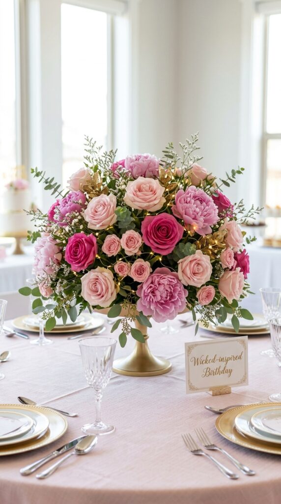 Pink glam floral centerpiece at a Wicked-inspired birthday party.