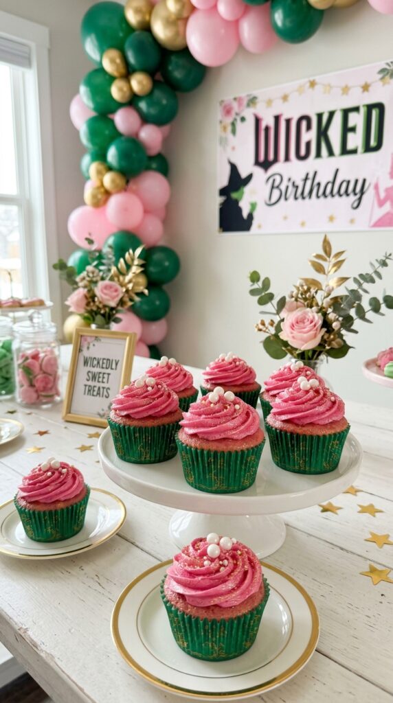 Pink glam glitter cupcakes for a Wicked-inspired birthday party.