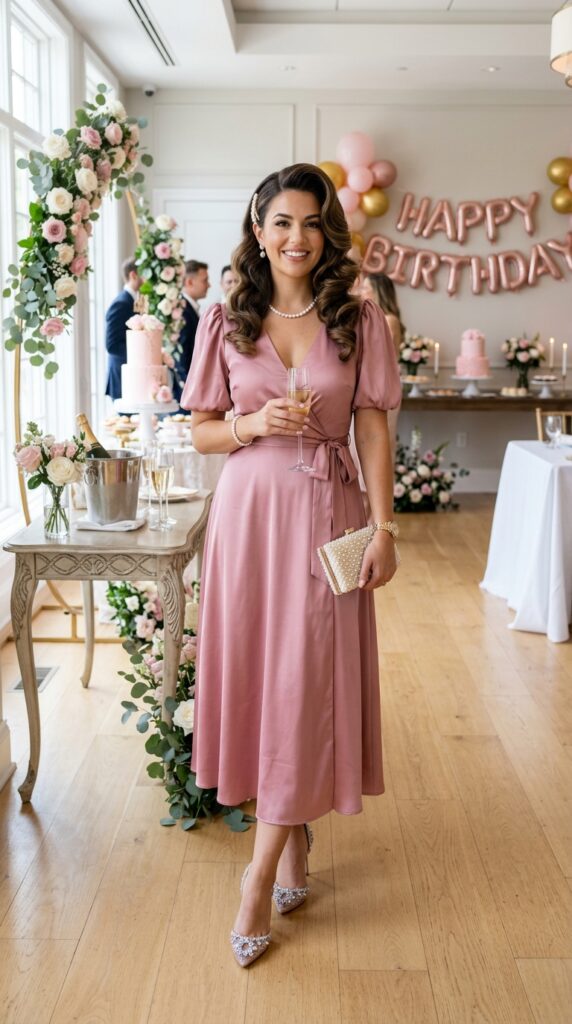 Pink satin glam outfit for Wicked-inspired birthday celebration fashion.