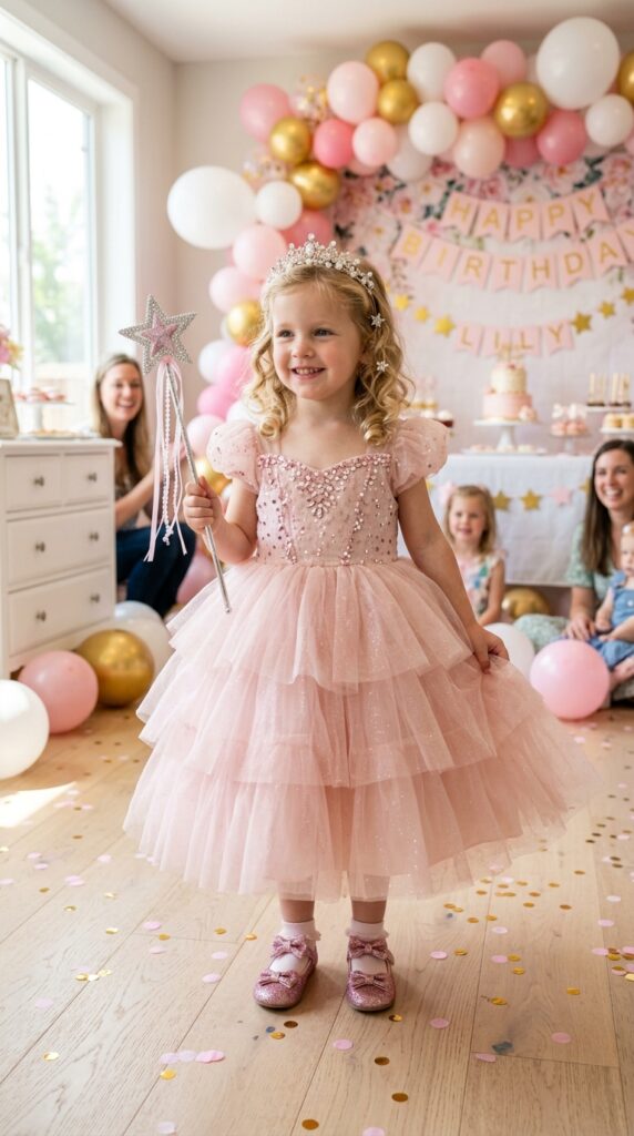 Glinda-inspired pink tulle birthday party outfit with magical accessories.