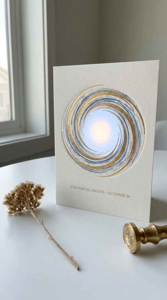 Portal themed Stranger Things birthday invitation with swirling edges, glowing blue tones, and dramatic dark background