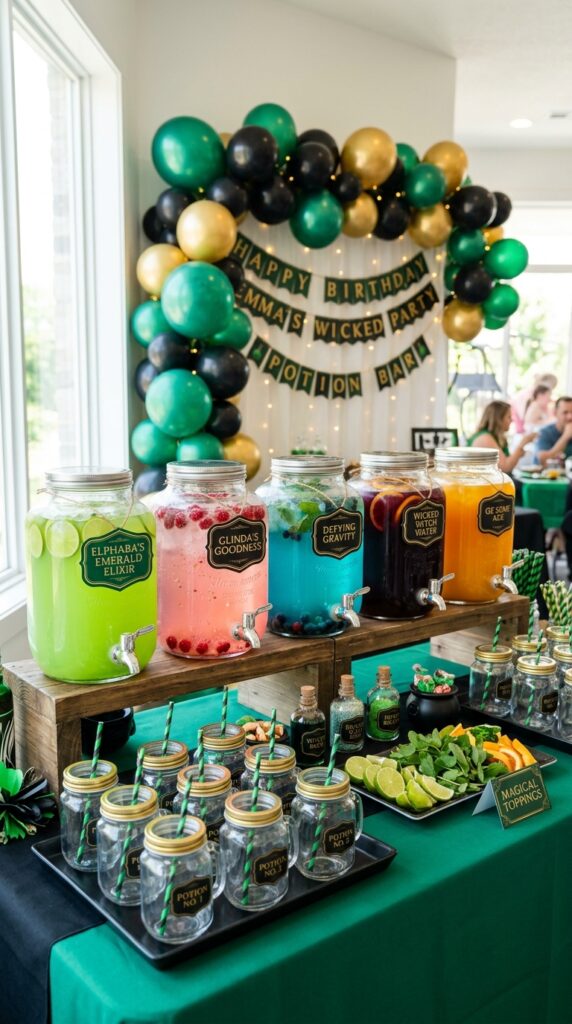 Potion-themed Wicked birthday drink bar with colorful beverages