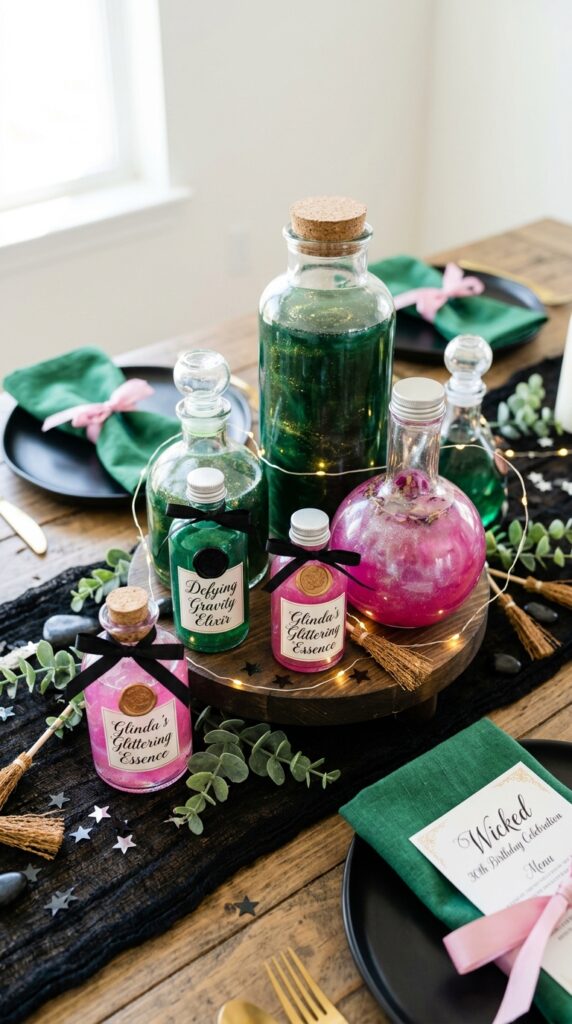 Potion bottle table decor for a Wicked-inspired birthday party.