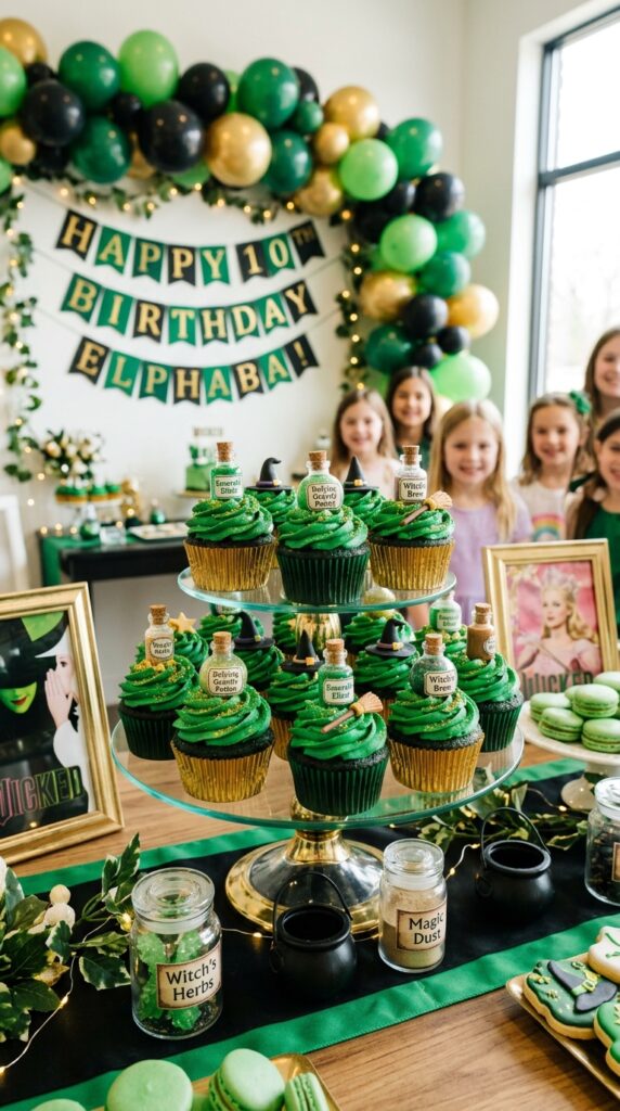 Potion-inspired cupcakes for a Wicked-themed birthday dessert display.