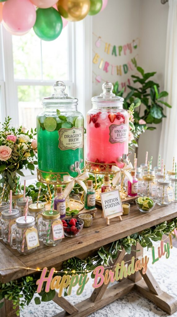 Potion-inspired drink station with colorful beverages at Wicked birthday party.
