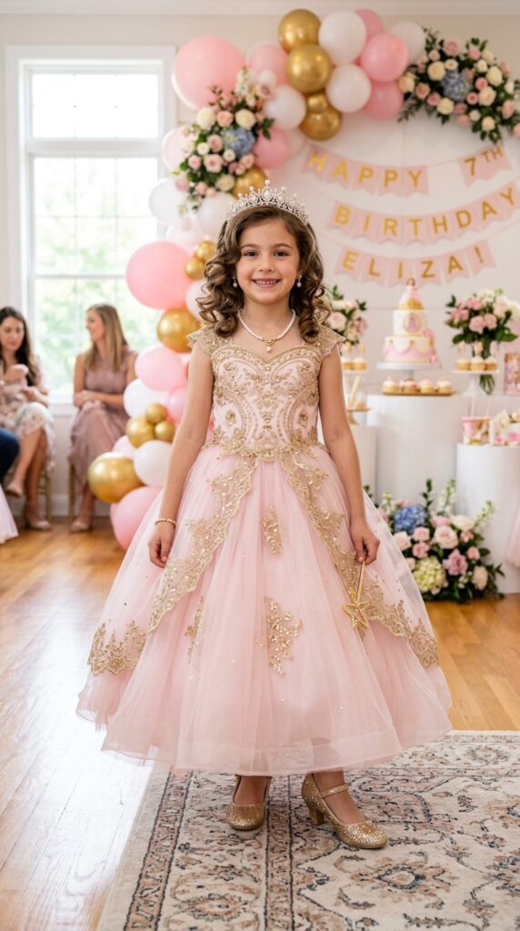 Pink and gold princess gown for glamorous Wicked-inspired birthday party fashion.