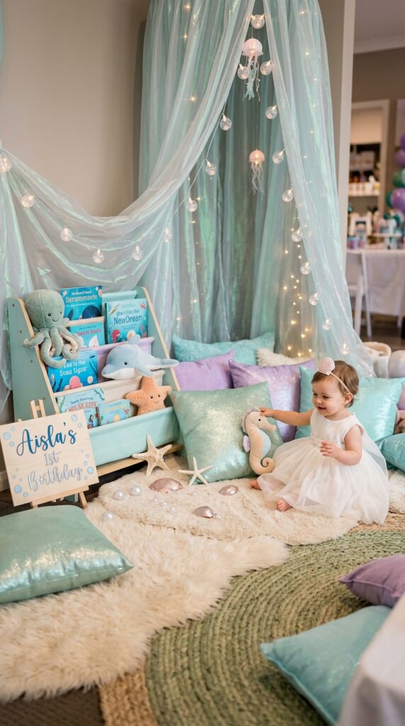 Glinda-inspired pink princess lounge for a Wicked first birthday party.