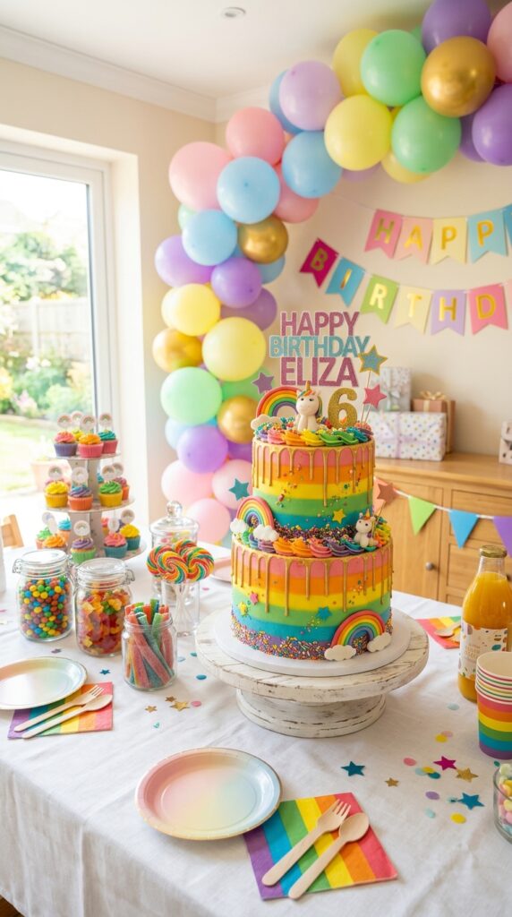 Magical rainbow birthday cake with colorful fantasy themed party decorations.
