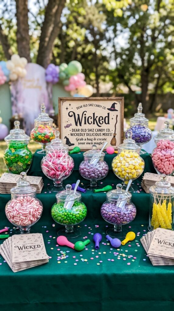 Colorful Wicked-themed candy buffet for a fantasy birthday party.