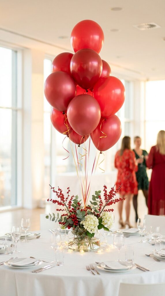 Red balloon floating centerpiece on Stranger Things themed party table