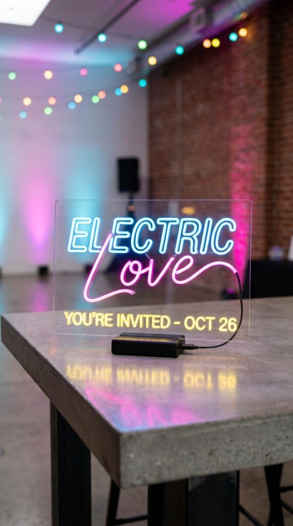 Retro 80s arcade style Stranger Things birthday invitation with neon colors and pixel art design elements