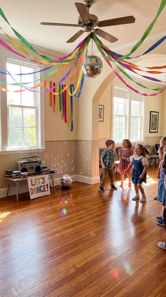 80s themed dance corner birthday party setup