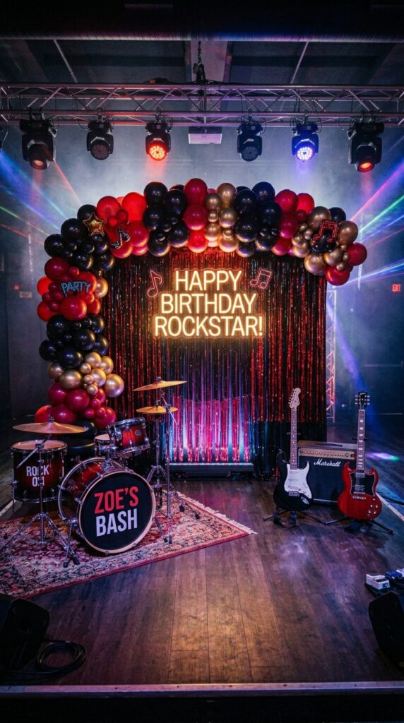 Rockstar birthday backdrop with red and black balloons and music decor.