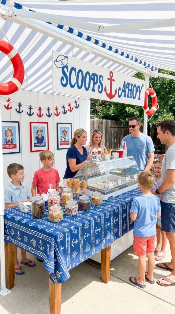 Scoops Ahoy themed ice cream party station with blue and white decor and multiple toppings