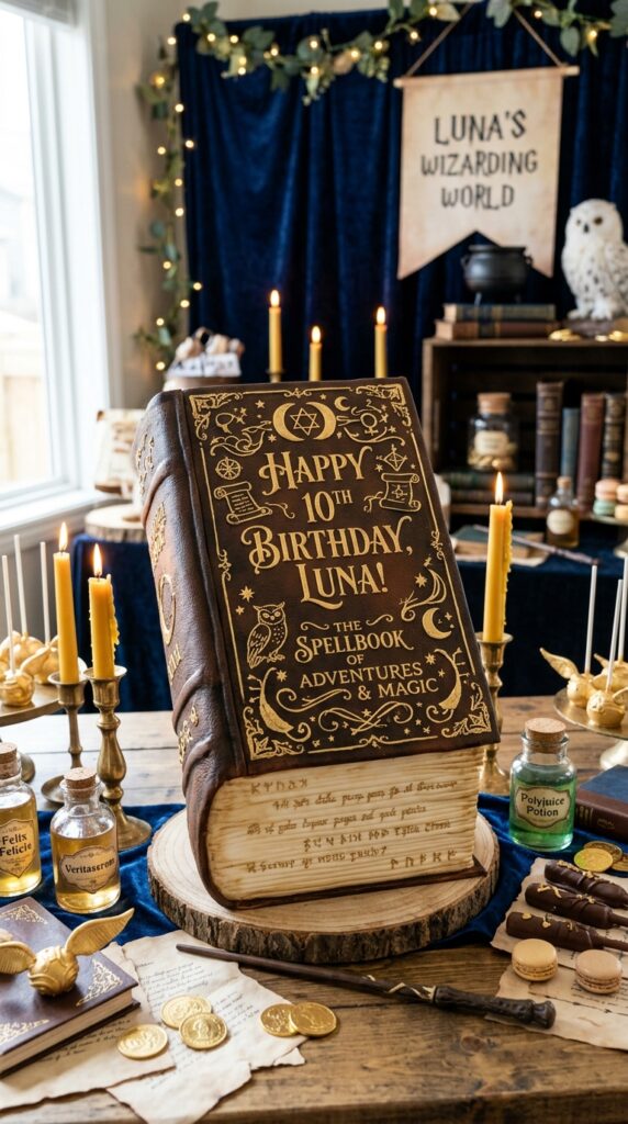 Fantasy spellbook birthday cake with magical themed decorations and elegant dessert table setup.