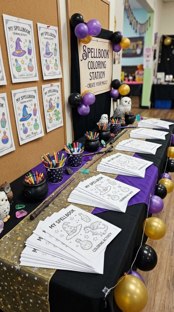 Spellbook coloring station with magical birthday party decorations.