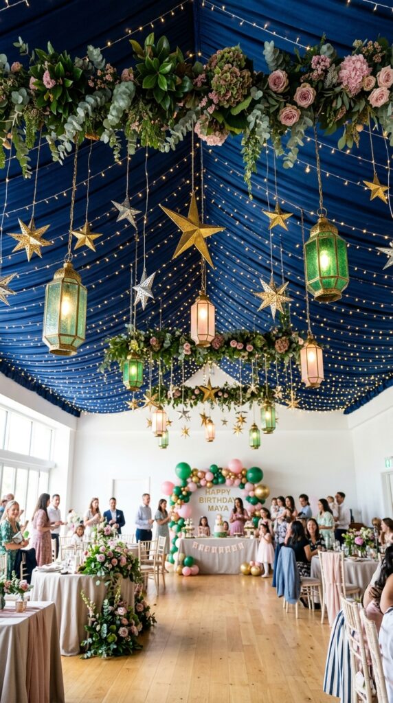 Starry ceiling decorations for magical Wicked-inspired birthday party setup.