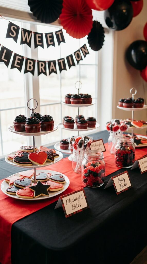 Stranger Things themed dessert table with labeled snacks and decorations
