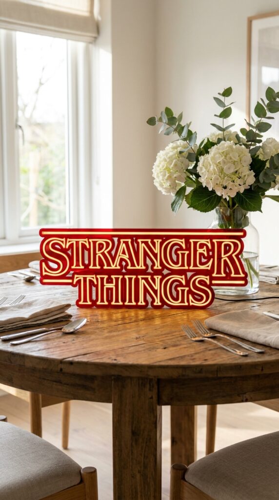 Glowing Stranger Things logo light centerpiece on party table