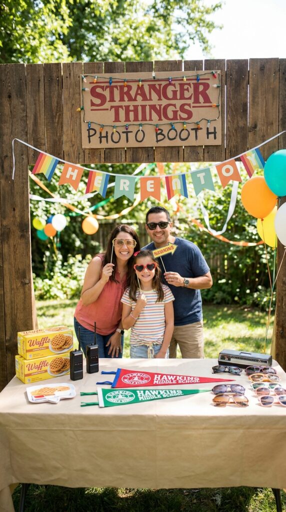 Stranger Things themed birthday photo booth setup with props, backdrop, and themed accessories